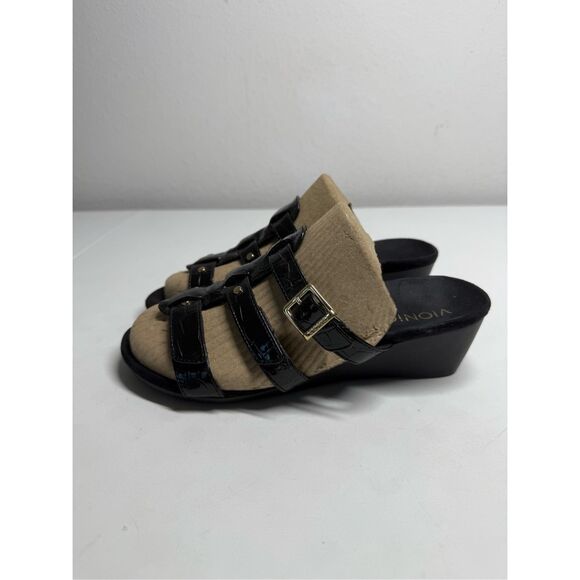 Vionic Radia Black Patent Croco Wedge Sandals Size 8 US Adjustable 3 Strap Gold - Picture 4 of 11